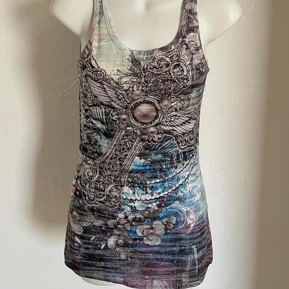 VINTAGE Y2K Sublimation PEARLS and RHINESTONES Tank TOP S/M - Picture 6 of 11